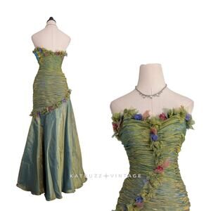 Vintage Alyce Prom Dress Maxi Gown 2 Green Fairy Princess Mermaid Strapless Glam